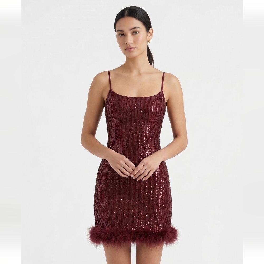 Red Sequin Spaghetti Strap Sequin Y2k Dress Faux Fur Club Party Glam M